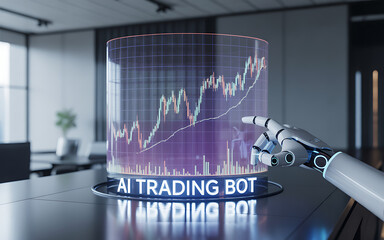 Futuristic ai trading bot with robotic arm pointing at stock market graph, showcasing automated investment and the potential of artificial intelligence in finance
