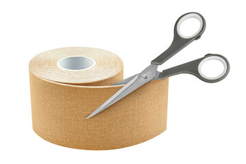 1 Kinesio Tape Roll and scissors isolated on white background
