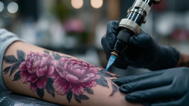 A tattoo machine delicately inscribes floral script on soft skin, with visible needles embedding ink beneath the surface.