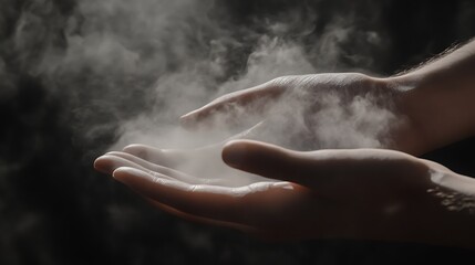 Two Hands Holding Vapor or Smoke Against a Dark Background, Mystical Aura