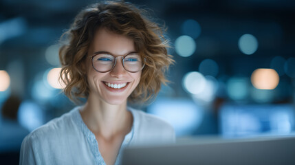 Corporate female leader working on a PC amidst an open-plan office environment, symbolizing hybrid work culture, continuous learning, and digital-savvy leadership. hybrid work, lea