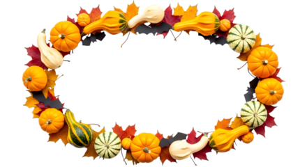 Oval frame made of autumn gourds and colorful fall leaves, isolated on transparent background