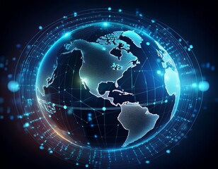 digital world connectivity futuristic globe with glowing data points on a dark background