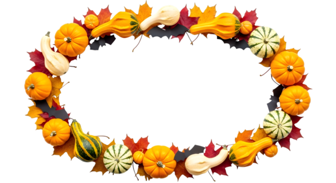 Oval frame made of autumn gourds and colorful fall leaves, isolated on transparent background