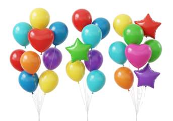 Colorful balloons in various shapes isolated on transparent background
