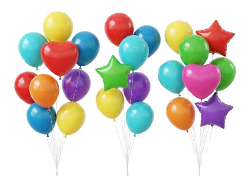 Colorful balloons in various shapes isolated on transparent background