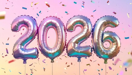 Celebratory Balloons Spelling Out '2026' Among Scattered Confetti, A Radiant Gradient Background Illuminates Festive Balloons Announcing the Arrival of 2026