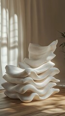 Unique White Wavy Sculpture on Wood Floor with Natural Light by Window Curtains
