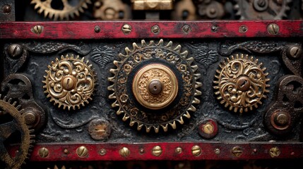 Ornate gears, dark, red, and gold with intricate steampunk mechanical details