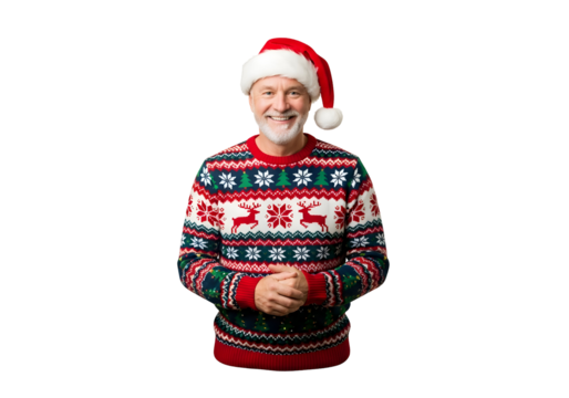 Happy elderly man wearing a festive Christmas sweater and Santa hat, posing for a holiday portrait