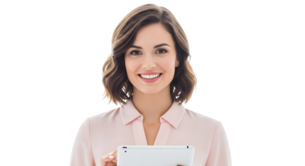 A confident young businesswoman smiling and holding a tablet on a white background