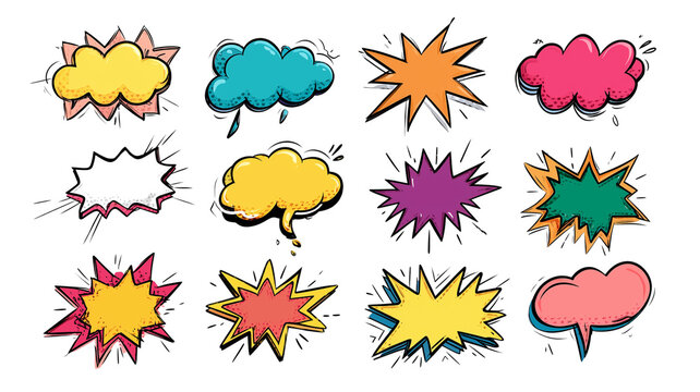 Collection of colorful flat design comic burst word speech bubbles and explosions for digital content creation transparent background