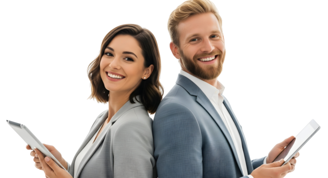 A young woman with a tablet smiles confidently at the camera