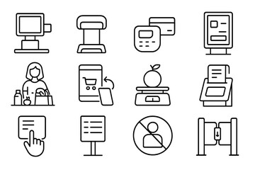 Self-Service Retail Icons. Line style icons of self-service retail: self-checkout screen, barcode scanner station, contactless