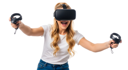 Young woman experiencing virtual reality with controllers and headset