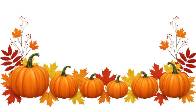 Horizontal arrangement of pumpkins and fall leaves forming a border isolated on transparent background