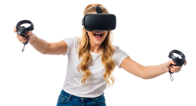 Young woman experiencing virtual reality with controllers and headset - Powered by Adobe