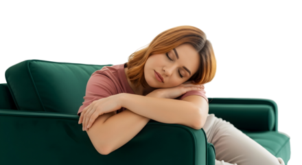 Young woman resting on a sofa, enjoying a peaceful nap, feeling relaxed and comfortable at home