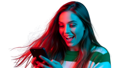 Excited young woman joyfully looking at her smartphone with vibrant neon lighting, celebrating a surprise message