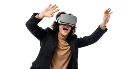 Excited woman wearing virtual reality headset experiencing immersive digital world with hands up in joy
