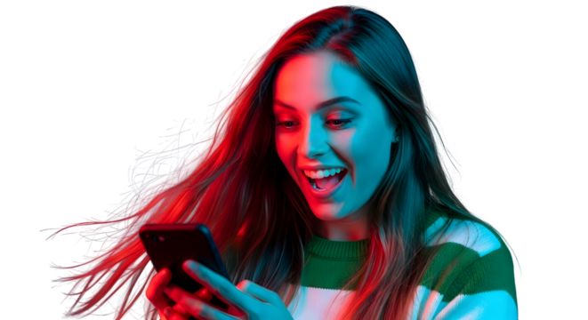 Excited young woman joyfully looking at her smartphone with vibrant neon lighting, celebrating a surprise message