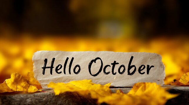 Hello october. autumn nature background. yellow maple leaves in park. beautiful autumnal sunny landscape. symbol of golden fall season. october month calendar concept