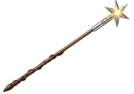 Magic wand with glowing star tip isolated on transparent background
