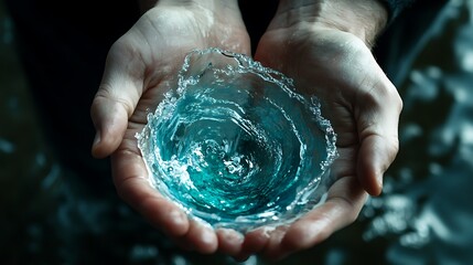 Water Whirlwind in Hands CloseUp of Turquoise Liquid Spinning Creatively Held