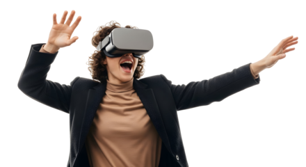 Excited woman in virtual reality headset experiencing immersive digital entertainment with hands raised in awe