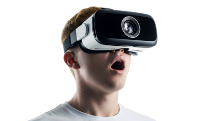 Young woman wearing a virtual reality headset and holding controllers, immersed in a digital world