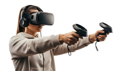 Woman experiencing virtual reality with immersive headset and controllers, engaging in a digital world