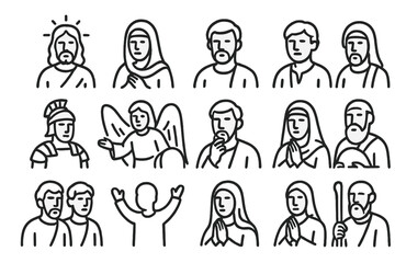 Easter Line Icons. Line style icons of biblical Easter characters: Jesus, Mary Magdalene, Peter, John; Roman soldier, angel at