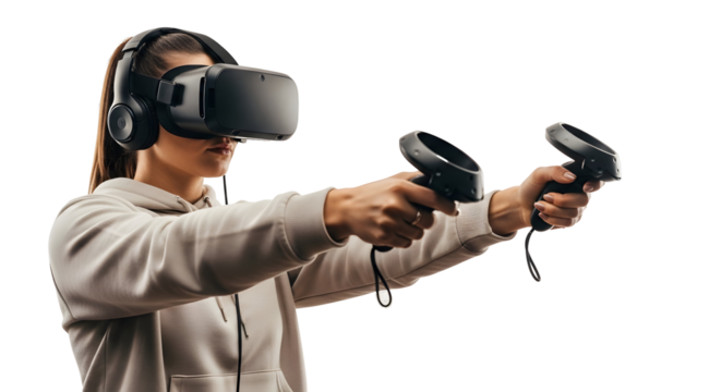 Woman experiencing virtual reality with immersive headset and controllers, engaging in a digital world