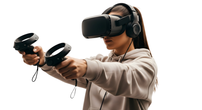 Young woman wearing a virtual reality headset and holding controllers, experiencing immersive gaming or simulations
