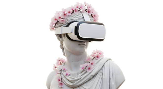 Ancient Bust Adorned with Flowers Wears a Virtual Reality Headset, Blending Past and Future Technologies