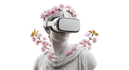 Surreal juxtaposition of ancient marble statue wearing modern virtual reality headset adorned with delicate pink blossoms, symbolizing future and past