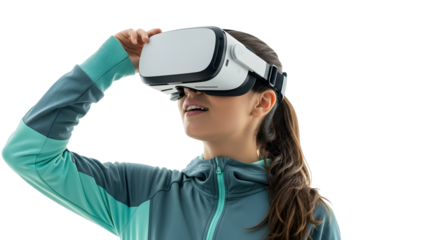 A young woman experiences virtual reality with a headset, exploring immersive digital worlds on a white background