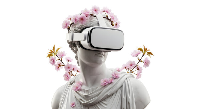 Surreal juxtaposition of ancient marble statue wearing modern virtual reality headset adorned with delicate pink blossoms, symbolizing future and past - Powered by Adobe
