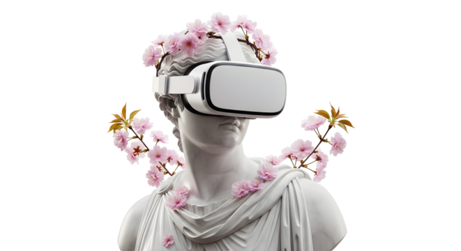 Surreal juxtaposition of ancient marble statue wearing modern virtual reality headset adorned with delicate pink blossoms, symbolizing future and past