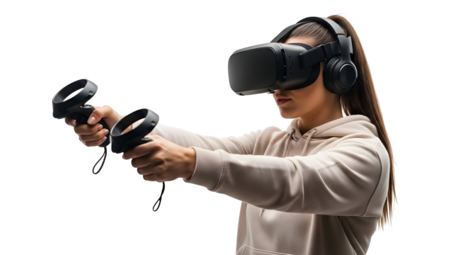 Woman wearing virtual reality headset and holding controllers for immersive gaming experience