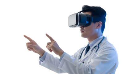 Doctor exploring the future of medicine with virtual reality headset, pointing forward to new innovations