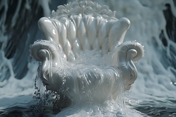 White Baroque Chair Submerged in Water, Artistic Composition, Water Cascading and Flowing