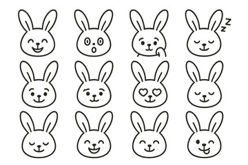 Bunny Emotions Icons. Line style icons of bunny emotions and moods: happy bunny, surprised bunny, shy bunny, sleepy bunny; excited