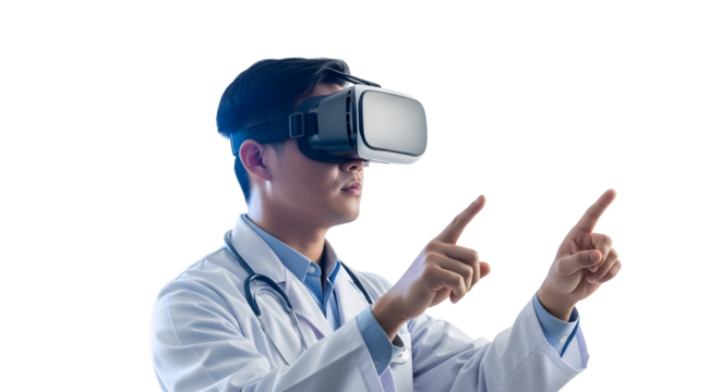 Doctor wearing a virtual reality headset points forward in a modern medical setting exploring digital health advancements - Powered by Adobe