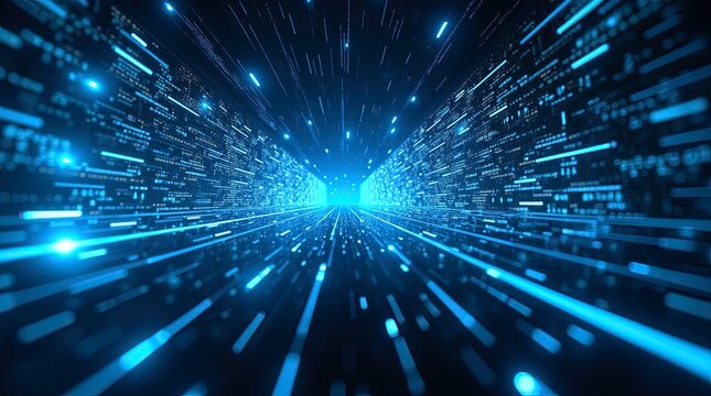 A high-tech futuristic digital environment with glowing blue lines of code floating data windows and interface panels extending into the distance.