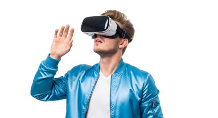 Man wearing a VR headset technology immersed in a virtual world, raising his hand in awe
