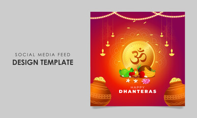 Vector illustration of Happy Dhanteras social media feed template written hindi text means Dhanteras