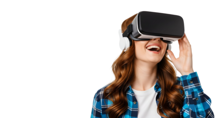 A laughing woman wearing a virtual reality headset and headphones on a white background