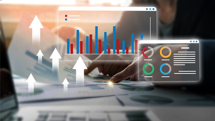 Business adult hands analyze market growth data report document digital charts arrows showing success strategy office workplace