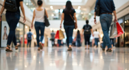 People shopping in a bright, modern mall with shopping bags and reflections on the floor
